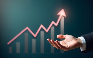 Hand growth arrow symbol business up background of success graph financial profit stock diagram or growing economy investment income target and goal increase achievement on development strategy chart.