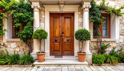 Ornate stone facade with wooden door