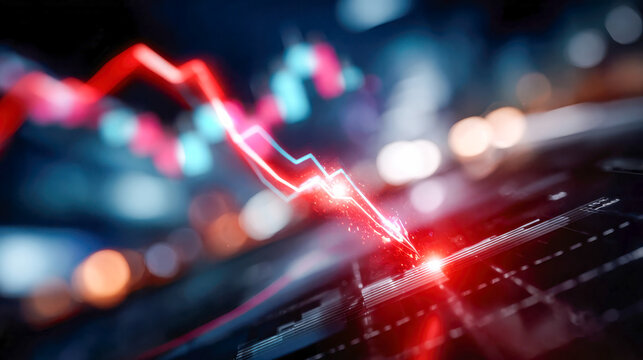 Red downward arrow graph on a futuristic digital screen illustrating financial loss or stock decline