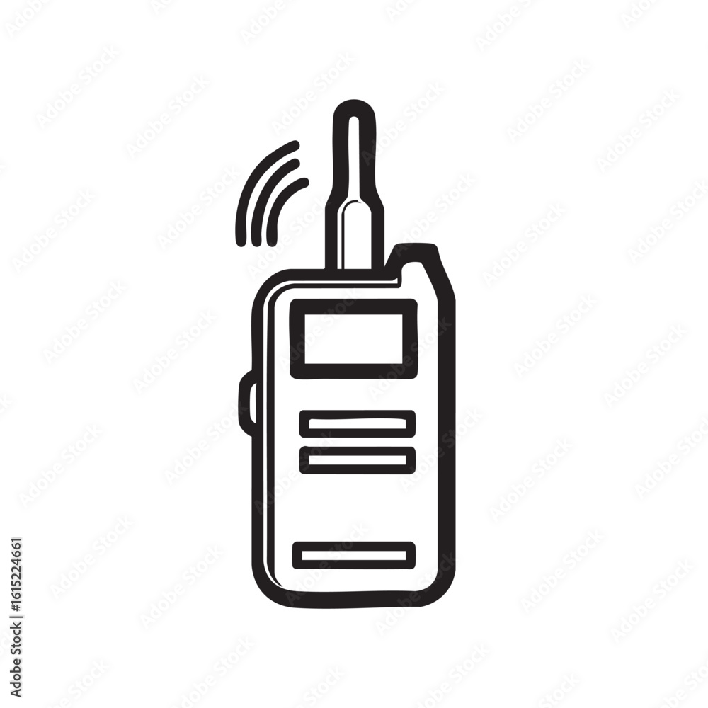 Poster a simple line drawing of a two-way radio with a signal.