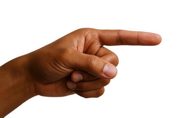 A close-up of a male hand pointing with an outstretched finger against a dark background.