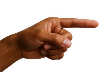 A close-up of a male hand pointing with an outstretched finger against a dark background.