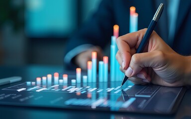 3d Business hand writing development financial graph of data management digital analysis chart concept or investment diagram stock market report and success achievement strategy on finance background.