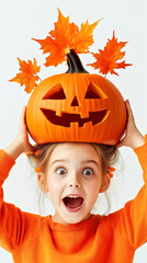 Naklejka na ściany i meble A young girl is holding a pumpkin with a scary face on top of her head