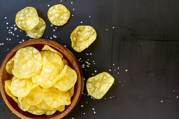 Crispy Golden Potato Chips in Wooden Bowl on Dark Textured Background with Copyspace