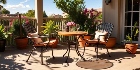 Obraz premium Sun-drenched patio chairs and table, cast shadows, coffee, chairs
