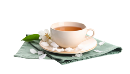 Minimalist tea setup with ceramic cup, flower petals, and napkin, isolated on transparent background.