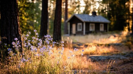 Rustic wooden cabin in a sunlit forest with wildflowers.