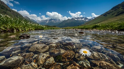 Clear mountain stream with rocky riverbed and distant snow capped peaks