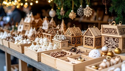 Wooden and ceramic Christmas ornaments displayed on market stall