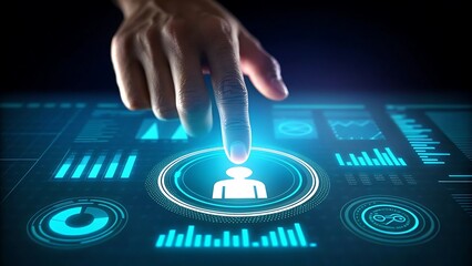 Human finger presses glowing digital interface button with user icon and data visualizations
