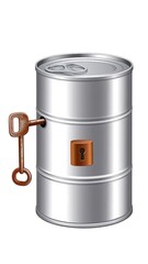 A metal can with a keyhole and key