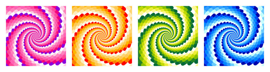 Set of four spiral twist backgrounds, optical illusion movement, opt art vector illustration, abstract geometric, different colors,