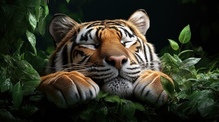 Tiger resting in lush foliage