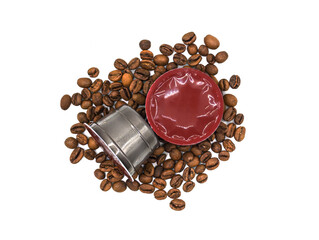 Coffee capsules with roasted beans isolated on white background