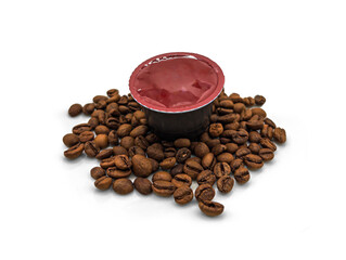 Coffee capsule with roasted beans isolated on white background
