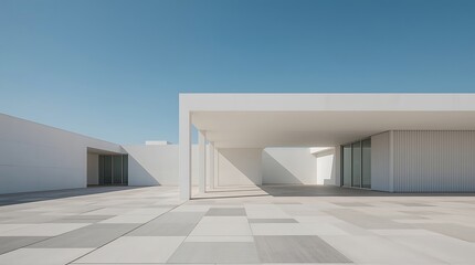 Modern white architecture with geometric paving under a clear blue sky