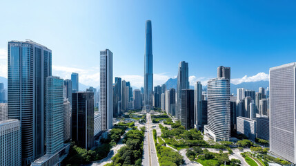 Fototapeta premium Aerial view of modern city skyline featuring tall buildings and clear blue sky, showcasing urban