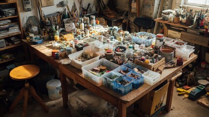 DIY workspace filled with tools and bins of junk materials ready for creative reuse