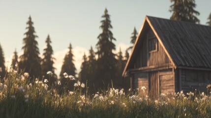 Wooden barn in a field at dawn.