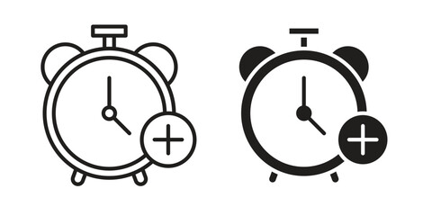Alarm plus icon vector in simple flat design, outline.