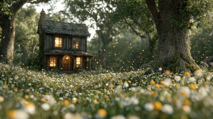 A rustic cabin nestled amongst a meadow of wildflowers.