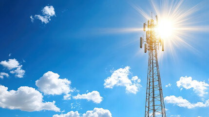Tall communication tower against bright blue sky with sun rays shining through clouds