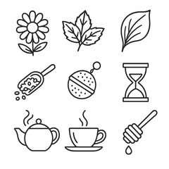 Herbal Tea Icons. Line style icons of Herbal Tea Blends: chamomile flower, peppermint leaf, hibiscus petal, loose-leaf scoop,