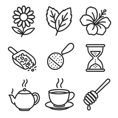 Herbal Tea Icons. Line style icons of Herbal Tea Blends: chamomile flower, peppermint leaf, hibiscus petal, loose-leaf scoop,