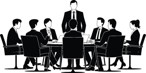 Business Meeting and Leadership Vector Illustration: Diverse Team Around Conference Table with Standing Leader for Corporate Strategy, Discussion, and Decision Making
