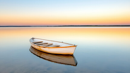 Naklejka premium Serene boat floating still under early twilight sky reflects calm waters