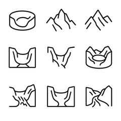 Fototapeta premium Glacial Landform Icons. Line style icons of Glacial Landforms: cirque amphitheater, arête ridge, glacial horn, U-shaped valley,