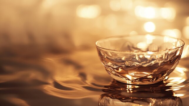Elegant crystal bowl with golden reflections and water ripples ambient warm luxury detail decor classic