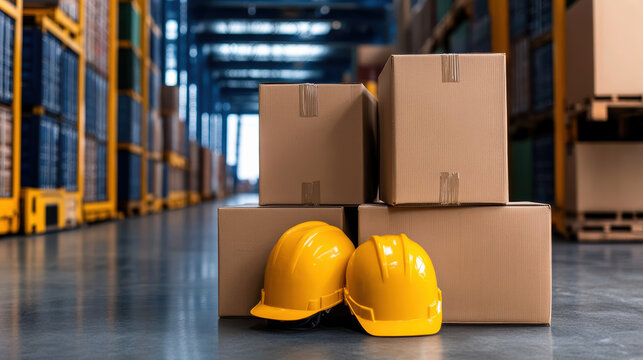 Yellow hard hats and cardboard boxes stacked in warehouse, showcasing busy logistics environment