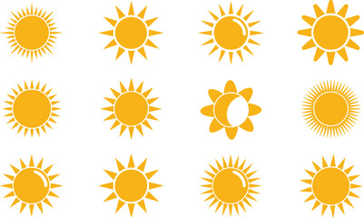 Bright Sun & Sunlight Icon Collection: Diverse Yellow Vector Symbols for Summer, Weather, Energy, Heat & Climate Designs