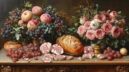 Still life with fruit, bread, and meat