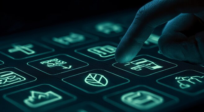 Hand interacting with glowing app icons on a tablet