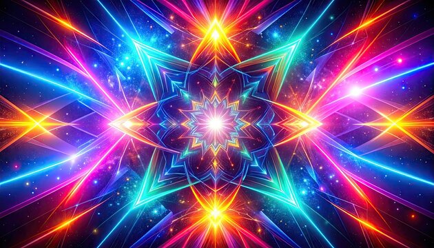 Abstract Kaleidoscope of Neon Arrows Forming Star Shapes on Dark Background with Colorful Light Effects - Powered by Adobe