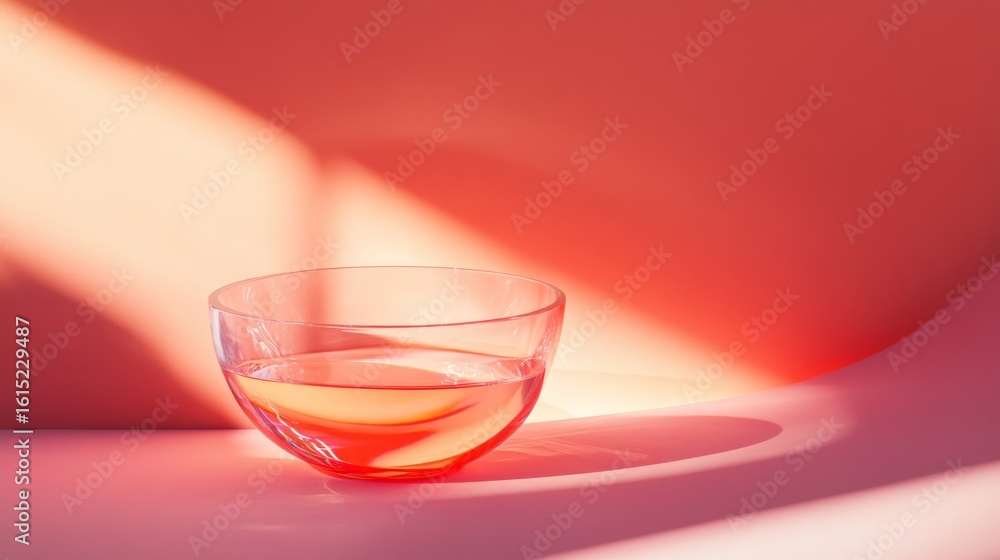 Poster glass bowl on red background with soft light minimal modern composition abstract color shape balance