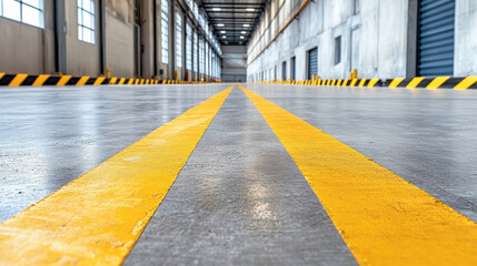 Yellow lines mark spacious industrial warehouse floor, emphasizing organization and safety