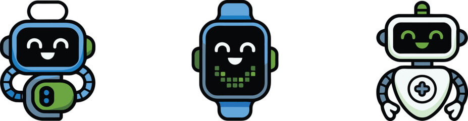 Adorable AI Robot & Smartwatch Character Icon Set: Cute Vector Illustrations for Technology, Future, Kids, Education & STEM Projects