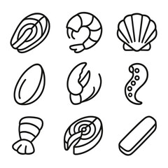 Organic Seafood Icons. Outline style icons of Organic Seafood: salmon fillet silhouette, shrimp silhouette, scallop silhouette,