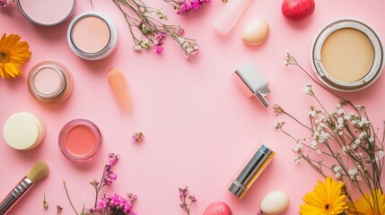 Naklejka premium Makeup products on pink background with flowers flat lay feminine cosmetics beauty concept fashion style elegance
