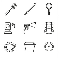 Obraz premium Boiler Cleaning Tool Icons. Outline style icons of Boiler Cleaning Tools: boiler brush, soot blower lance, inspection mirror,