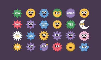 Vibrant Y2K Cartoon Sticker Pack: Playful Emoticons & Abstract Shapes for Modern Designs