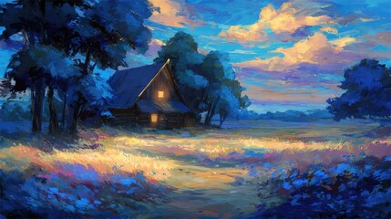 Rustic wooden house nestled in a field at twilight.