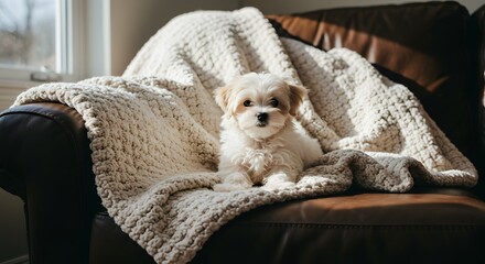 An adorable fluffy white puppy sits on a cozy knit blanket on a brown leather armchair.