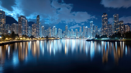 Fototapeta premium City skyline glowing deep blue hour sky, reflecting water surface, creating serene atmosphere