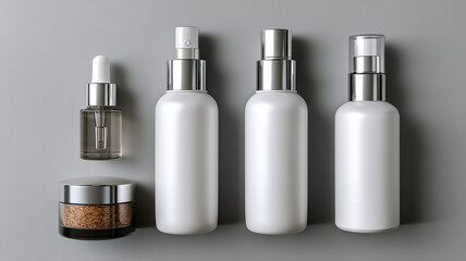 Symmetrical Arrangement of Cosmetic Bottles Mockup on White Textured Background for Skincare and Beauty Branding