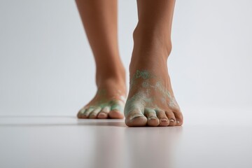Bare feet, painted light teal and white, walking